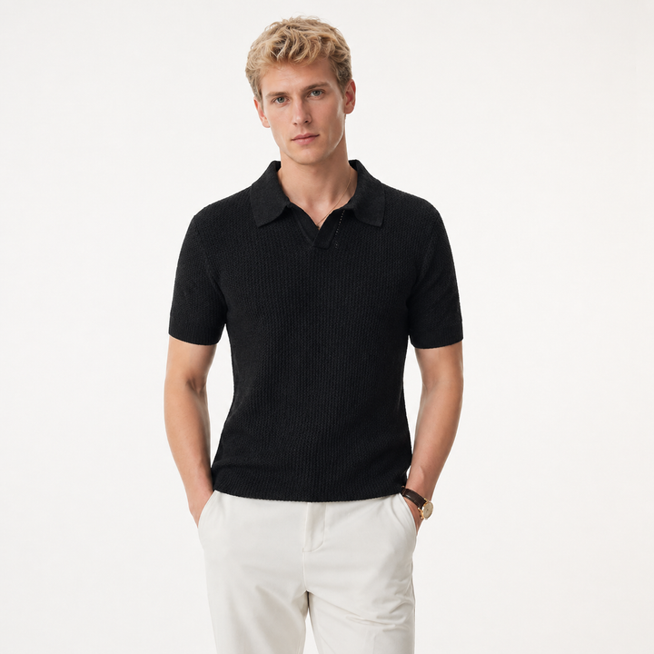 Herre strikket polo T-skjorte med v-hals og elegant hollow design. Slimfit sommer skjorte, pustende.