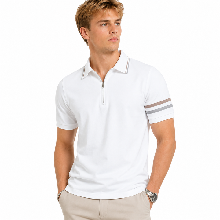 Herre kortermet polo med halv glidelås i lett, pustende stoff. Ideell for sommer og hverdagsbruk.