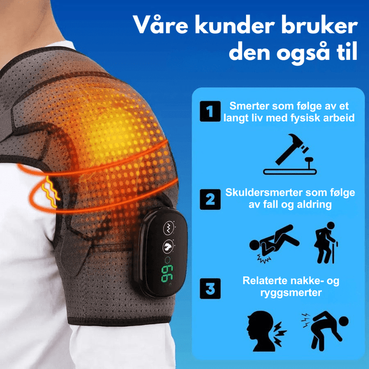 3-i-1 enhet for skulderterapi i bruk, viser varme & massasjefunksjon for dyp smertelindring.