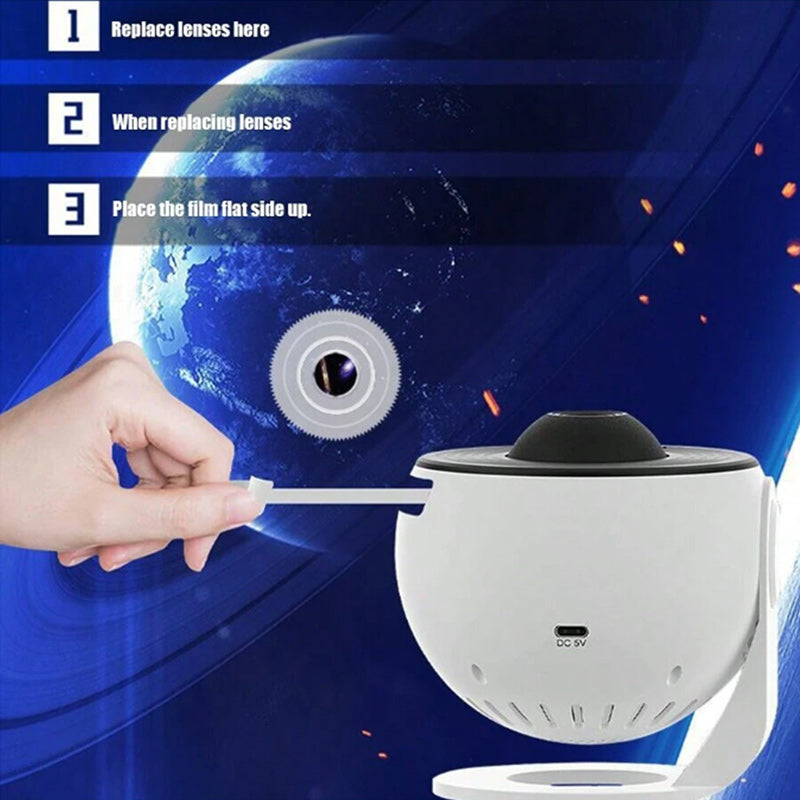 Stemningsfull LED-galakseprojektor i soverom, perfekt for avslapning, romdekorasjon og rolig belysning.