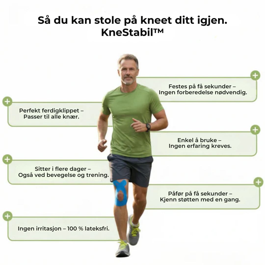 Knestøtteplaster ideelt for rehabilitering og forebygging av kneskader under trening og fysioterapi.