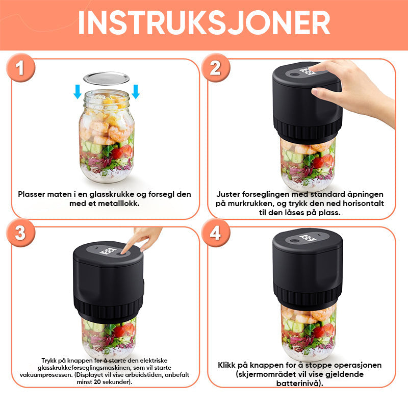 Håndfri elektrisk vakuumforsegler i bruk på en Mason Jar. Sikrer lufttett oppbevaring av matvarer.