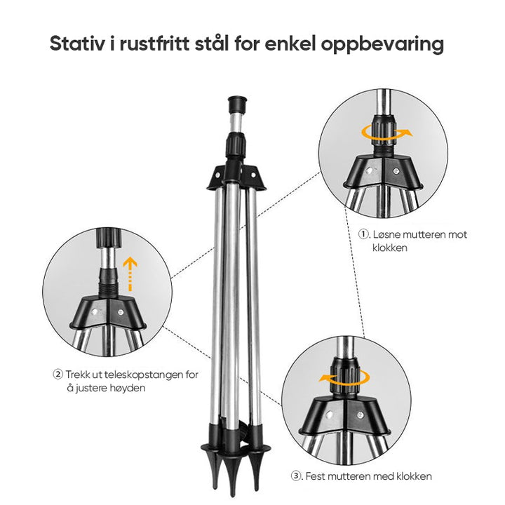 Justerbar roterende hagesprinkler for optimal vannfordeling på plen og i blomsterbed.