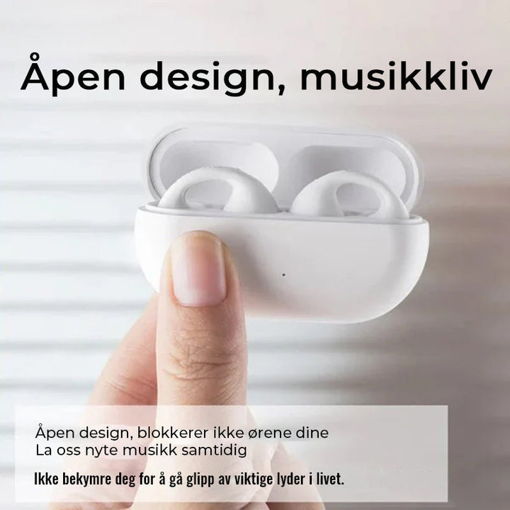 Moderne trådløse øreklips hodetelefoner med benledning. Slank design, klar lyd og enkel Bluetooth-paring.