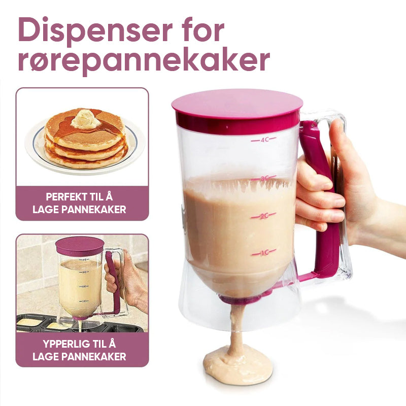 Transparent Perfekt Pannekake- og Cupcakesdispenser med røre og målemarkeringer på kjøkkenbenken.