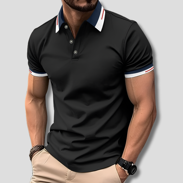 Stilig oransje herre poloskjorte. Klassisk kortarmet skjorte, ideell for casual herremote og elegante sommerantrekk.