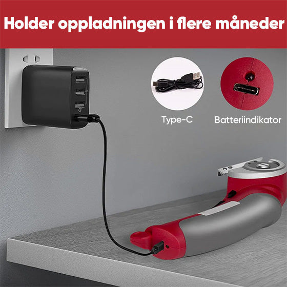 Kraftig elektrisk saks for effektiv kutting av stoff, tekstil og hobbyprosjekter. Oppladbar og trådløs.