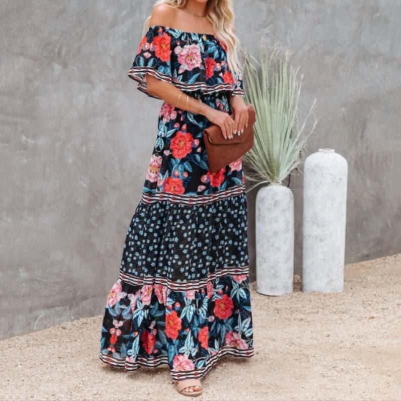Komfortabel kvinners maxikjole, trykt blomstermønster og flatterende off-shoulder design.
