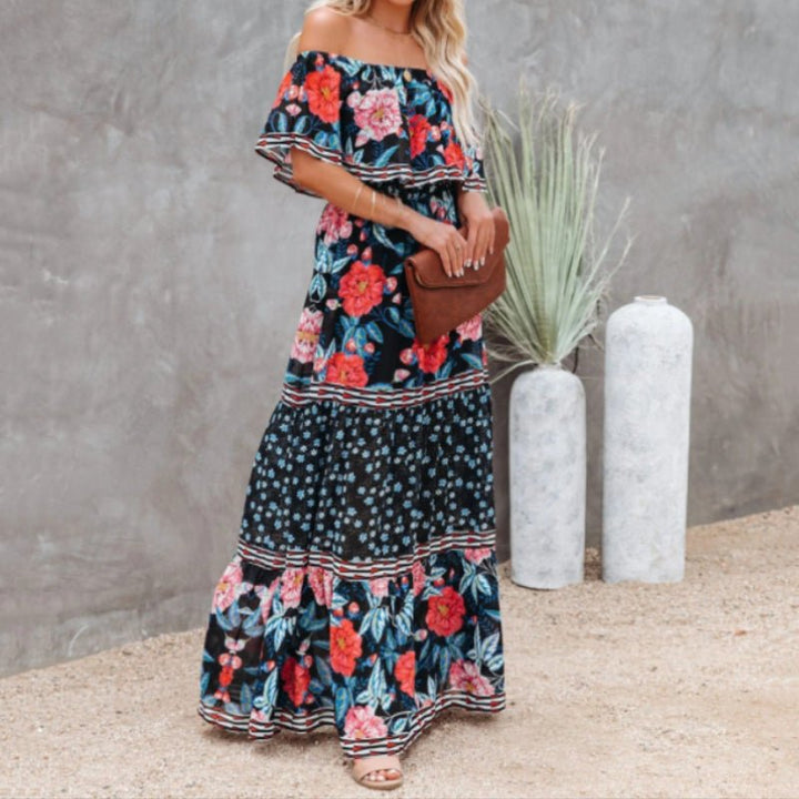 Komfortabel kvinners maxikjole, trykt blomstermønster og flatterende off-shoulder design.