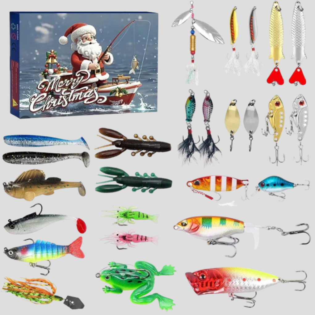 Fiske adventskalender for unisex med 24 dager spenning, full av fiskeutstyr og overraskelser til jul.