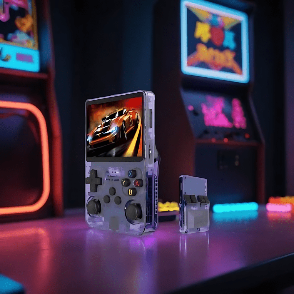 Kompakt RetroPlay Pro konsoll viser fargerike retro-grafikk; ideell for gamere og gave.