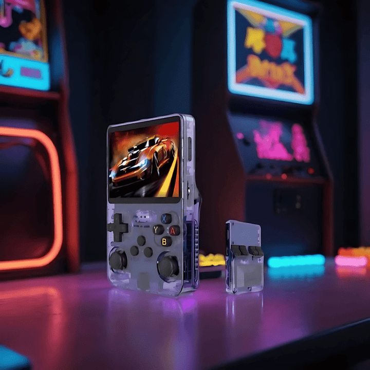 Kompakt RetroPlay Pro konsoll viser fargerike retro-grafikk; ideell for gamere og gave.