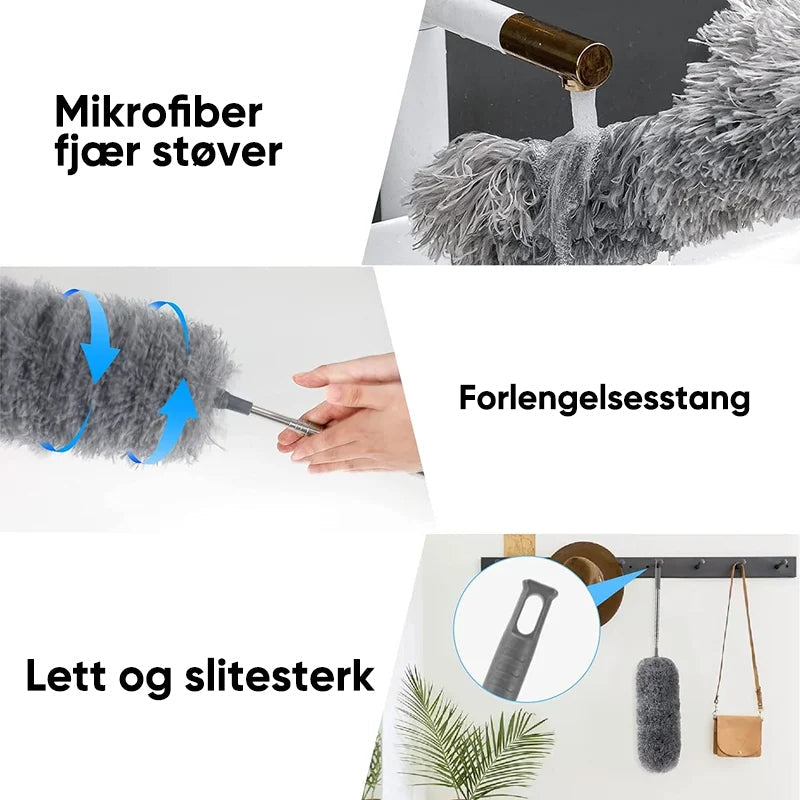 Kompakt uttrekkbar mikrofiber støvkost som er lett å oppbevare.