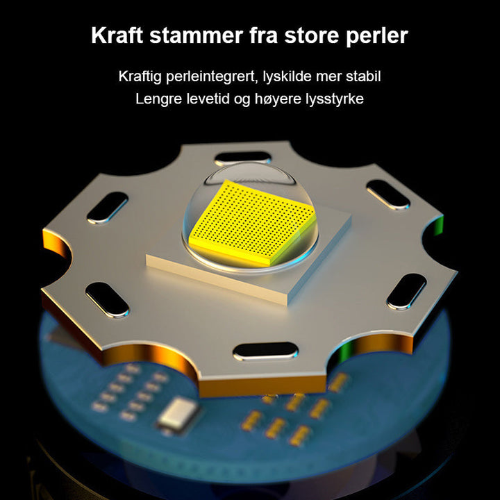 Utendørs LED-lommelykt i aksjon, lyser opp en mørk skogssti. Essential for nattlige eventyr.