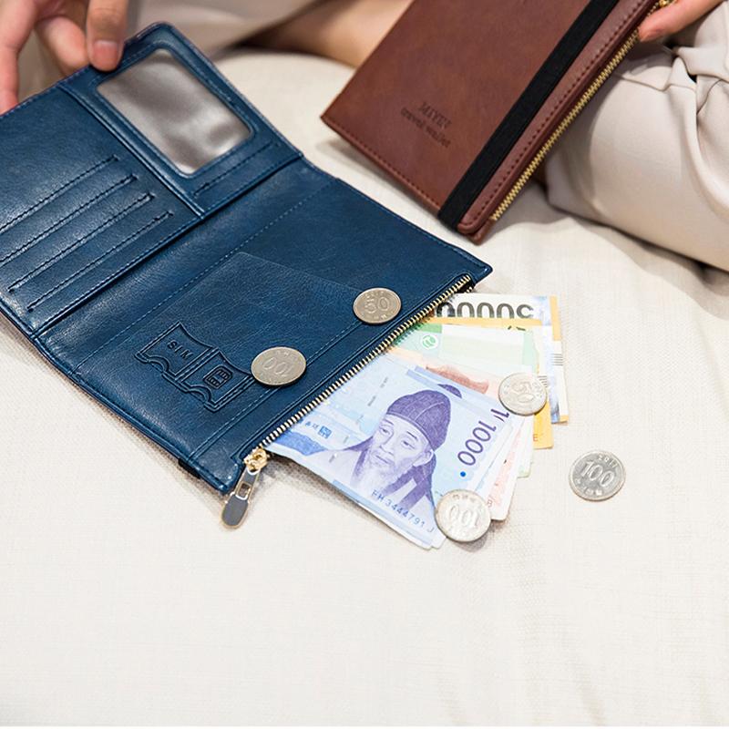 Nærbilde av elegant skinntekstur på brun lommebok for pass og kort, med RFID-sikkerhet.