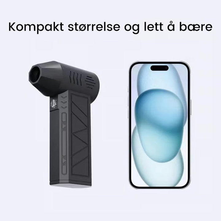 Person holder bærbar mini jetvifte. Liten, lett turbo vifte for enkel transport og bruk hvor som helst.
