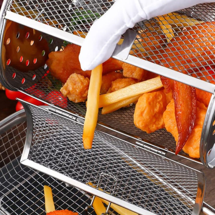 Effektiv roterende grillkurv i rustfritt stål for jevn grilling og steking av mat.