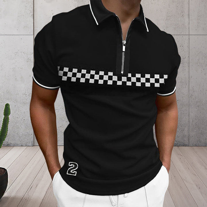Stilfull kortermet polo t-skjorte for menn. Med glidelås og fargeblokk, ideell for sommer og fritid.