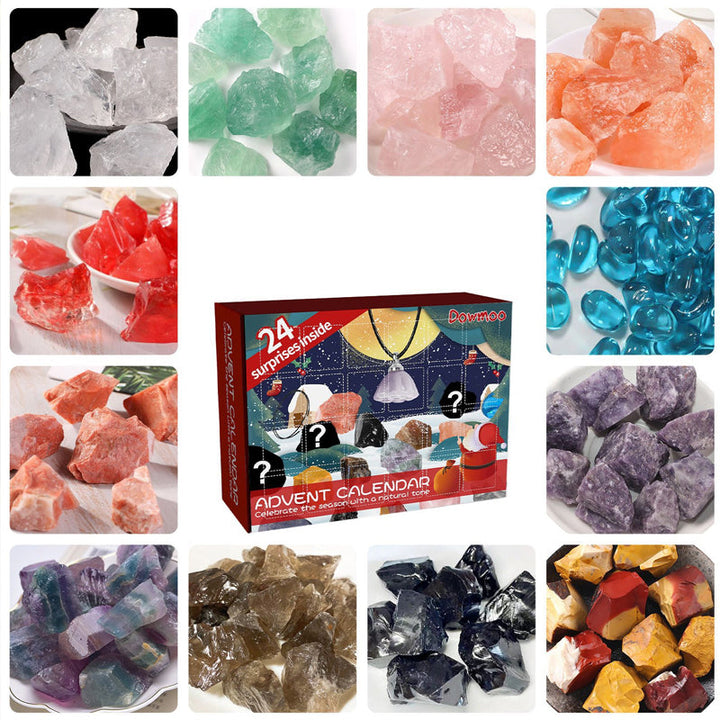 Adventskalender med unike mineraler og edelstener, en lærerik gave til nysgjerrige barn.