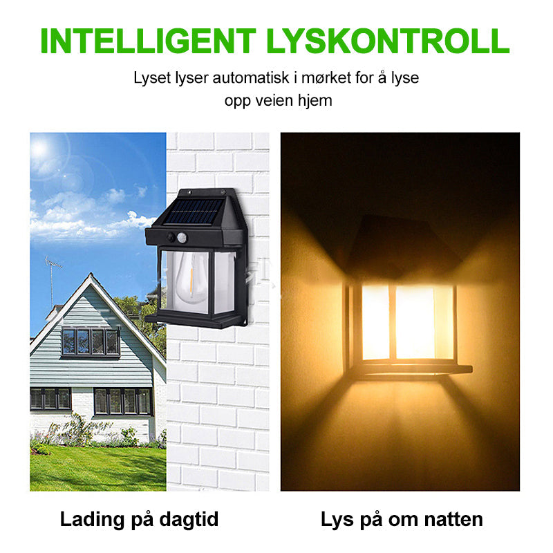 Værbestandig IP65 solcelledrevet vegglampe med bevegelsessensor og LED lys.