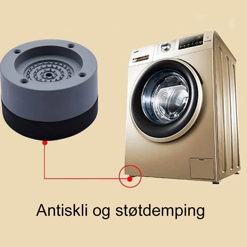Fire apparatføtter for vaskemaskin, som gir stabilitet og støydemping.