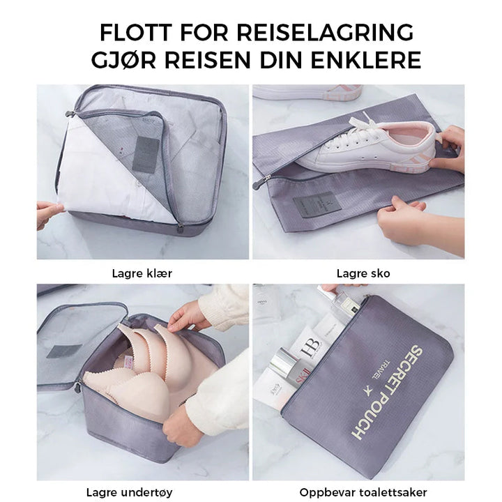 6/7 delers pakkeløsning for klær. Vanntett reisesett i polyester for effektiv organisering av bagasjen.