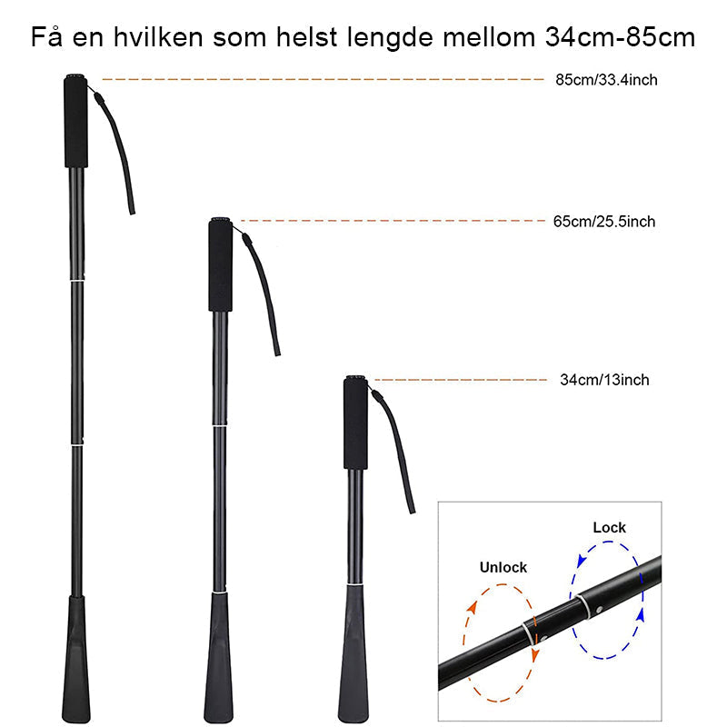 Slitesterkt teleskopisk skohorn i metall. Det lange håndtaket gjør det lett å ta på sko uten å bøye seg.