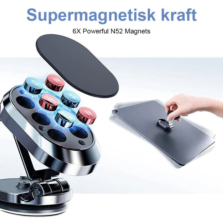 Enkel installasjon av sammenleggbar magnetisk telefonholder på bilens overflate.