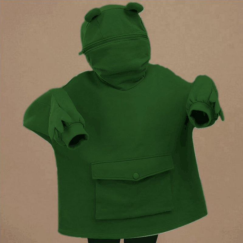 Lekfull grønn froskehettegenser i polyester, unisex design, et populært gavetips for casual stil.