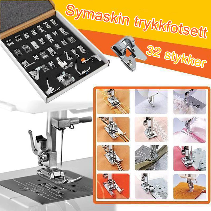Trykkfotsett med 32 deler for symaskiner, perfekt for alle syprosjekter.