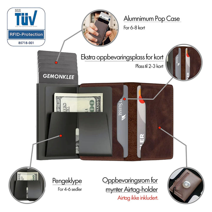 Menns sikre lommebok med RFID-beskyttelse, pop-up kortholdere for 10+ kort.