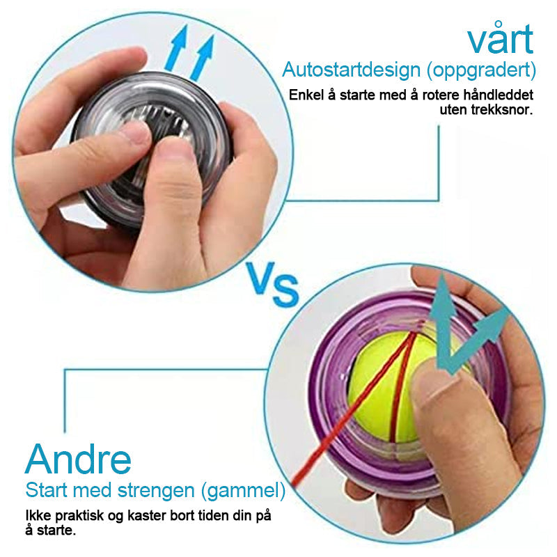 Nærbilde av ergonomisk gyroskopisk håndtrener med lysende LED-stripe. Forbedrer hånd- og underarmsstyrke.