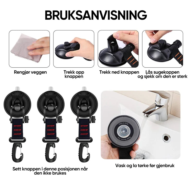 Smart opphengsløsning: vakuumsugekopp med krok for effektiv organisering av camping- og sportsutstyr.