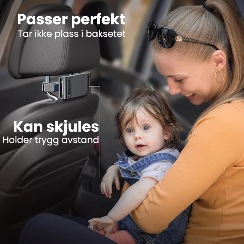 Nakkestøtte mobilholder/nettbrettholder for bil, sikrer stabil visning av skjerm under kjøring.