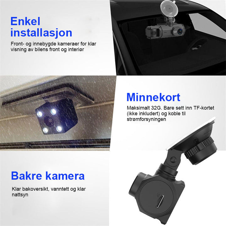 Dashbordkamera med IR-nattesyn for skarpe videoopptak selv i mørket. Viktig for døgnkontinuerlig overvåking.