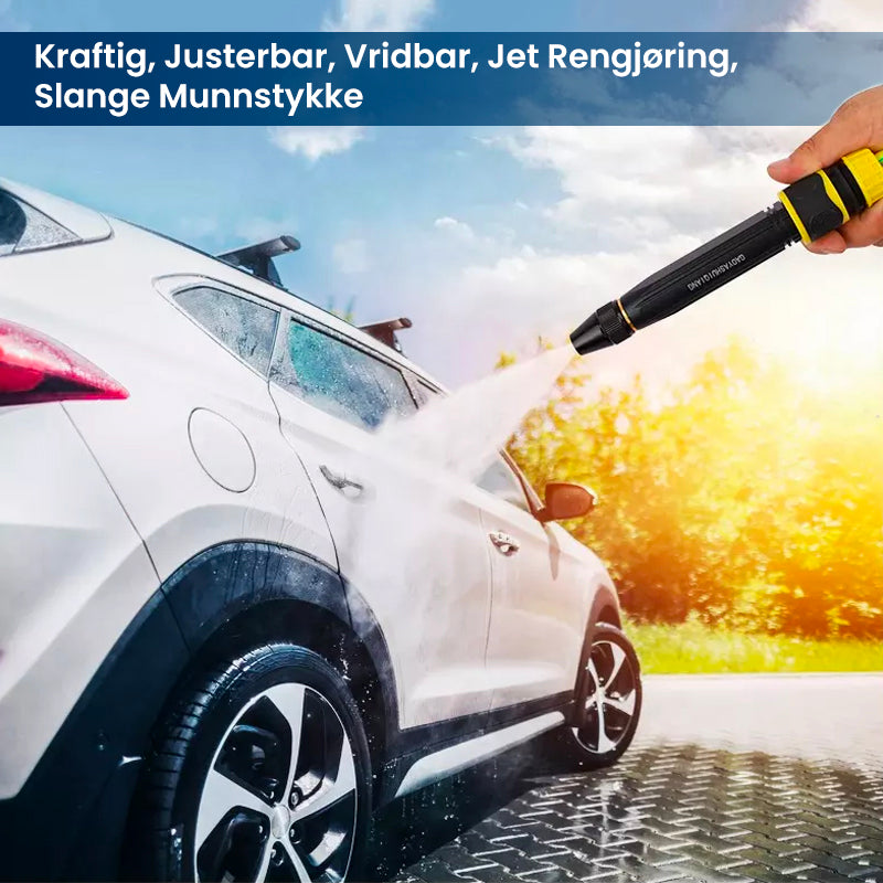 Kraftig høytrykks munnstykke i metall for vannslange, gir effektiv spray for grundig rengjøring.