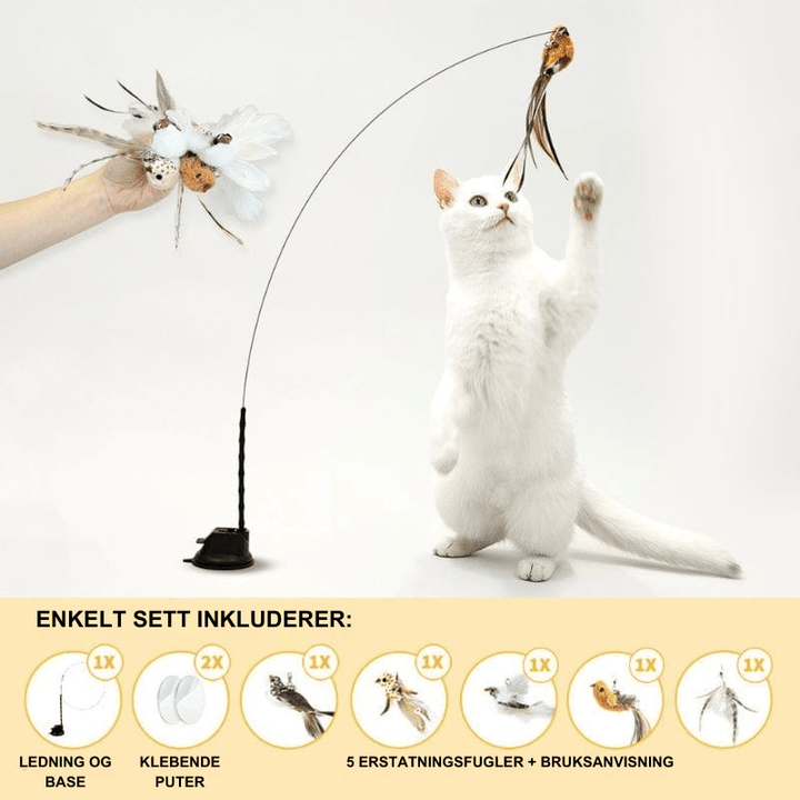 Katteleke med bevegelig fjærfugl, interaktiv stimulering for kattens jaktinstinkt. Holder innekatter aktive.