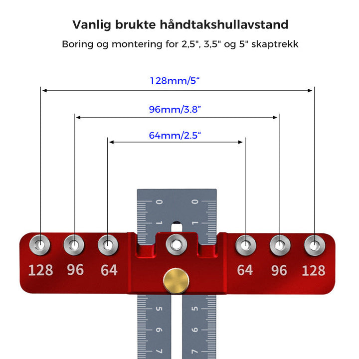 Verktøy for presis boring av hull til håndtak på skuffer og skapdører. For nøyaktig og pen montering.