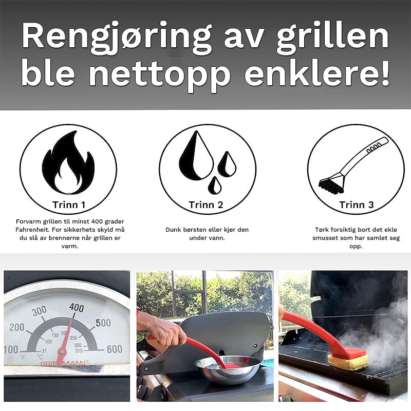 Robust grillbørste i rustfritt stål med damp for rask og hygienisk rengjøring av utekjøkken.