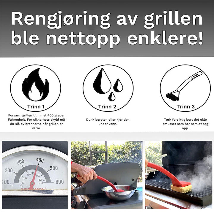 Robust grillbørste i rustfritt stål med damp for rask og hygienisk rengjøring av utekjøkken.
