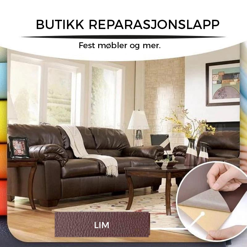 Brun selvklebende lærreparasjon lapp på et ødelagt bilsete i skinn for en usynlig og varig reparasjon.