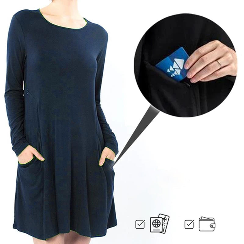 Klassisk hverdagskjole dame, perfekt som reisekjole. Komfortabel polyester med praktiske lommer.