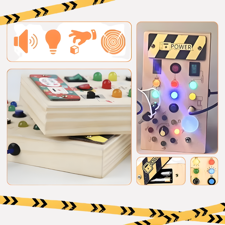 Pedagogisk Montessori aktivitetsbrett for barn. Busyboard med LED-lys, brytere og roterende deler fremmer finmotorikk.