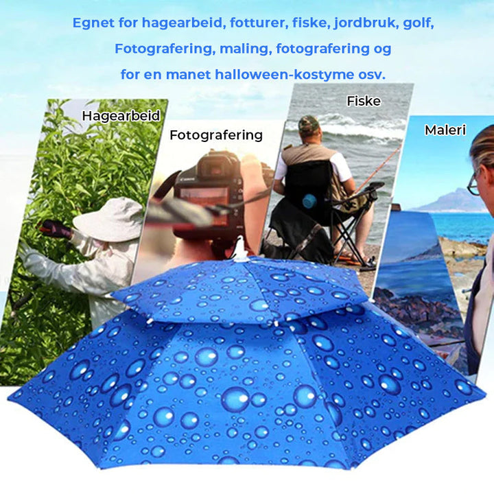 Blå paraplyhatt for fiske og hagearbeid. Henderfri og lettvekt, perfekt for sol- og regnbeskyttelse.