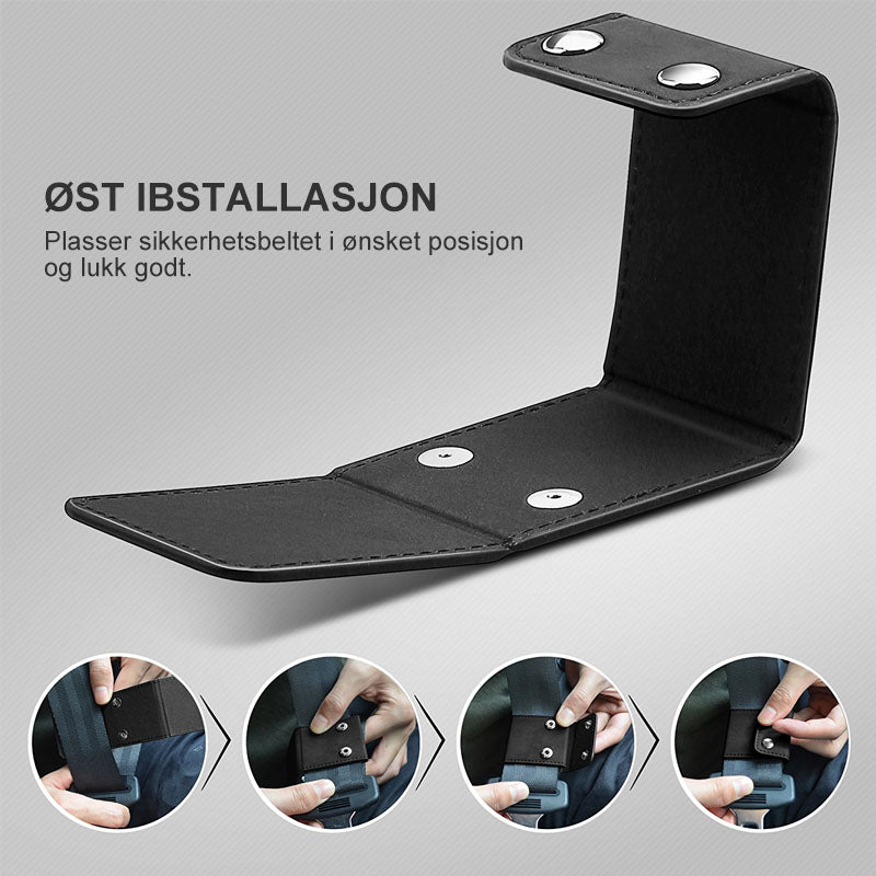 Ergonomisk bilbeltejustering i PU-lær. Gir optimal komfort og forhindrer ubehag fra bilbeltet for alle.