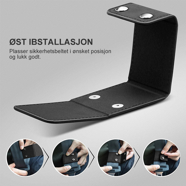 Ergonomisk bilbeltejustering i PU-lær. Gir optimal komfort og forhindrer ubehag fra bilbeltet for alle.