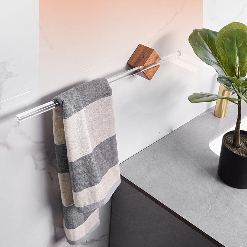 Elegant håndkleholder i akryl og valnøtt, moderne design for baderommet.