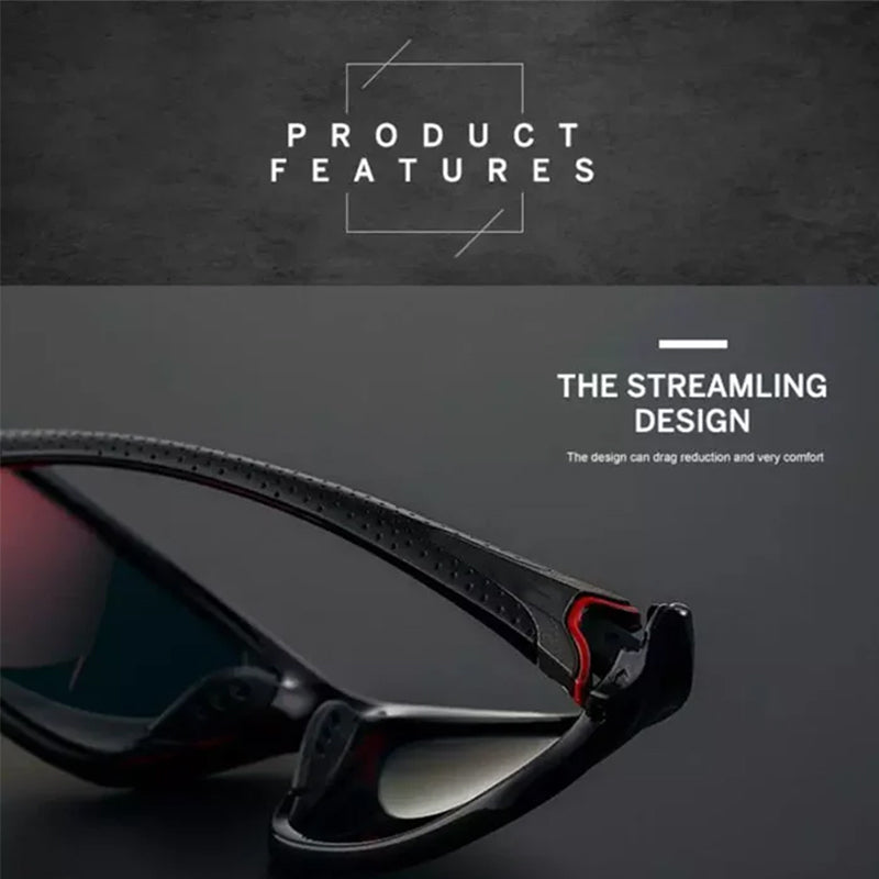 Detaljert bilde av fotokrome sykkelbriller. Justerbar passform, UV400 og polariserte for klar sikt.