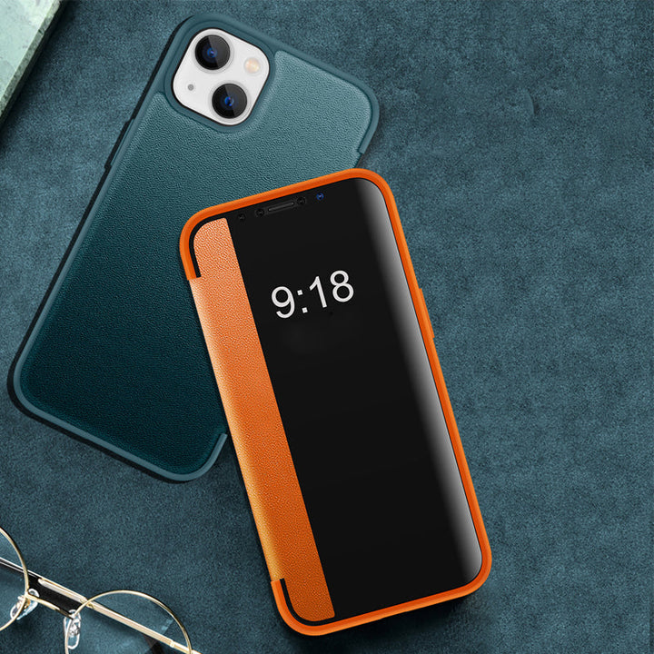 Robust iPhone deksel i lær med flip-design. Beskyttende mobilbeskyttelse og smart visningsvindu for meldinger.