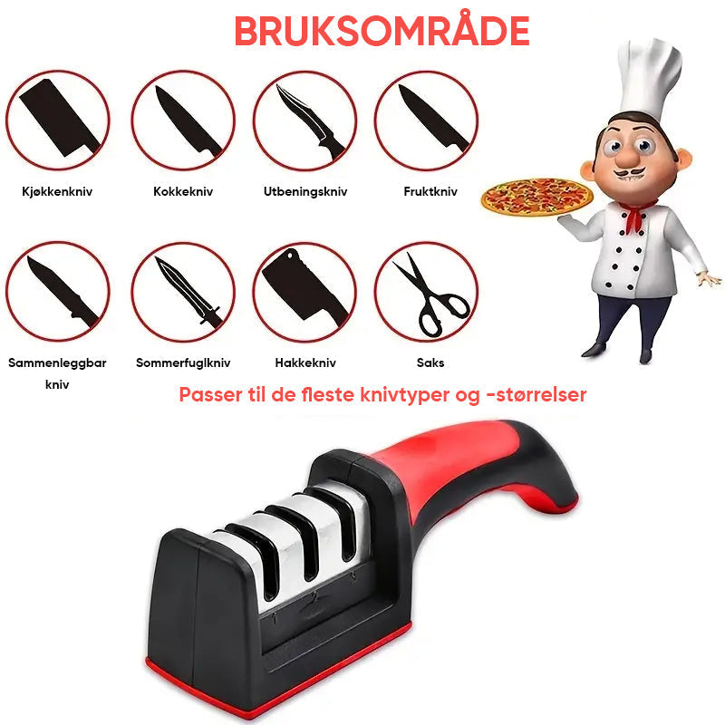 Trygg og effektiv 4-trinns knivsliper. Oppretthold skarpe kniver for presise kutt på kjøkkenet.
